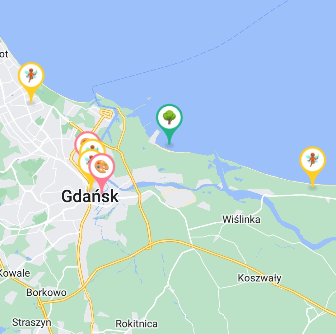 mapa Gdańska z zaznaczonymi punktami