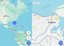 mapa Kuby z zaznaczonymi pięcioma punktami w Hawanie