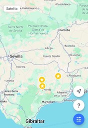 mapa Hiszpanii z zaznaczonymi trzema punktami