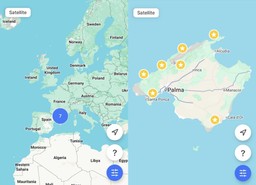 map of Europe and map of Majorca with seven points marked