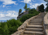 stairs among the vegetation, with a building at the end