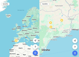 maps of Europe and Andalusia with 7 points marked