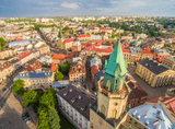 bird's eye view of the old town, showing the Trinitarian Tower and old historic tenement houses