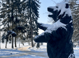 statue of a bear with its front paws raised, park paths and trees in the background