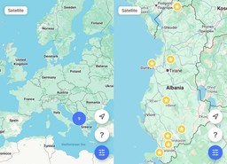 map of Europe and map of Albania with 9 points indicated