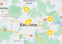 mapa Katowic z zaznaczonym pięcioma punktami