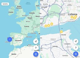 mapa Europy i mapa Lizbony z 7 zaznaczonymi punktami