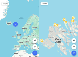 mapy Europy i Wysp Owczych z zaznaczonymi 7 punktami