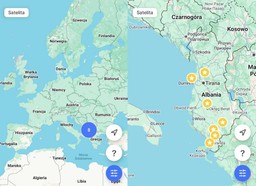 dwie mapy - jedna Europy, druga Albanii - z zaznaczonymi ośmioma punktami w Albanii