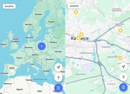 maps of Europe and Katowice with 5 points marked 