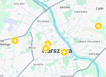 mapa Warszawy z zaznaczonymi pięcioma punktami