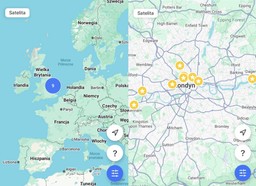 mapa Europy i mapa Londynu z zaznaczonymi dziewięcioma punktami