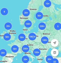 mapa Europy z liczbą ciekawych Miejsc w niebieckich kółkach