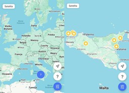 mapa Europy z zaznaczonymi siedmioma punktami na Sycylii