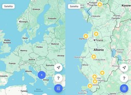 mapa Europy oraz mapa Albanii z zaznaczonymi 9 punktami