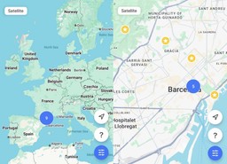 map of Europe and map of Barcelona with 9 points marked