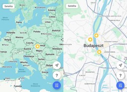 mapa z zaznaczonymi trzema punktami w Budapeszcie