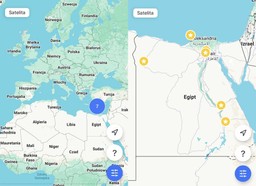 mapa Europy i Azji oraz mapa Egiptu z zaznaczonymi siedmioma punktami