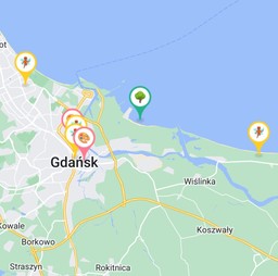 mapa Gdańska z zaznaczonymi punktami