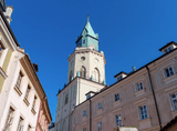 observation tower among old buildings