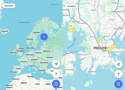 maps of Europe and Helsinki with 5 points marked 